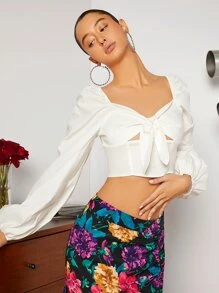 SHEIN VCAY Lantern Sleeve Sweetheart Neck Knot Front Cut Out Crop Blouse - White - View 4