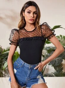 SHEIN Clasi Áo sơ mi nữ Tương phản Mesh viền lá sen cắt Chấm bi Boho - màu đen - Xem 1