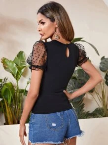SHEIN Clasi Áo sơ mi nữ Tương phản Mesh viền lá sen cắt Chấm bi Boho - màu đen - Xem 2