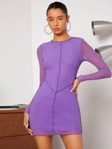 SHEIN Privé Seam Detail Lettuce Trim Mesh Dress - Violet Purple - View 5