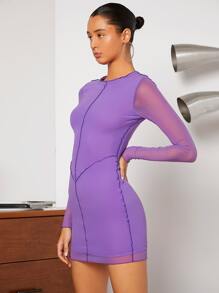 SHEIN Privé Seam Detail Lettuce Trim Mesh Dress - Violet Purple - View 6
