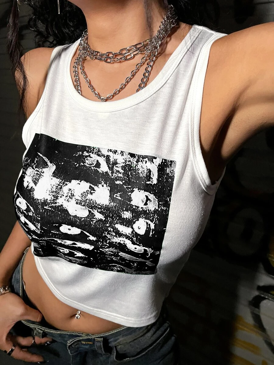 SHEIN ICON 圖案印花背心上衣 - 白色 - 查看 1