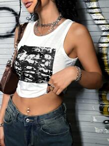 SHEIN ICON 圖案印花背心上衣 - 白色 - 查看 4