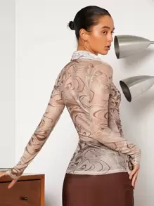 SHEIN Privé Marble Print Ruched Asymmetrical Hem Mesh Shirt - Multicolor - View 2