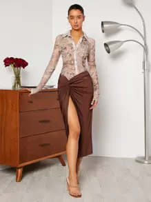 SHEIN Privé Marble Print Ruched Asymmetrical Hem Mesh Shirt - Multicolor - View 3