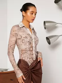 SHEIN Privé Marble Print Ruched Asymmetrical Hem Mesh Shirt - Multicolor - View 4