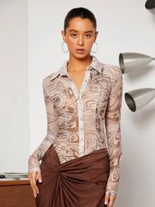 SHEIN Privé Marble Print Ruched Asymmetrical Hem Mesh Shirt - Multicolor - View 5