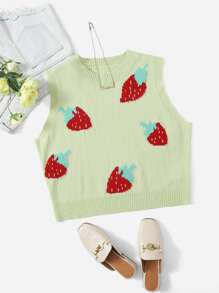 SHEIN Plus Strawberry Pattern Knit Top - Mint Green - View 1