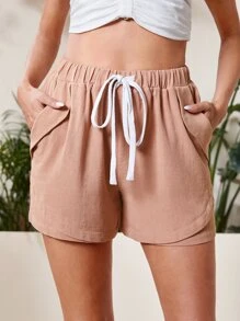 腰部抽繩斜口袋短褲 - 珊瑚粉 - 查看 1