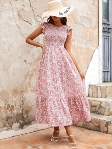 Ditsy Floral Print Shirred Ruffle Hem Dress - Baby Pink - View 6