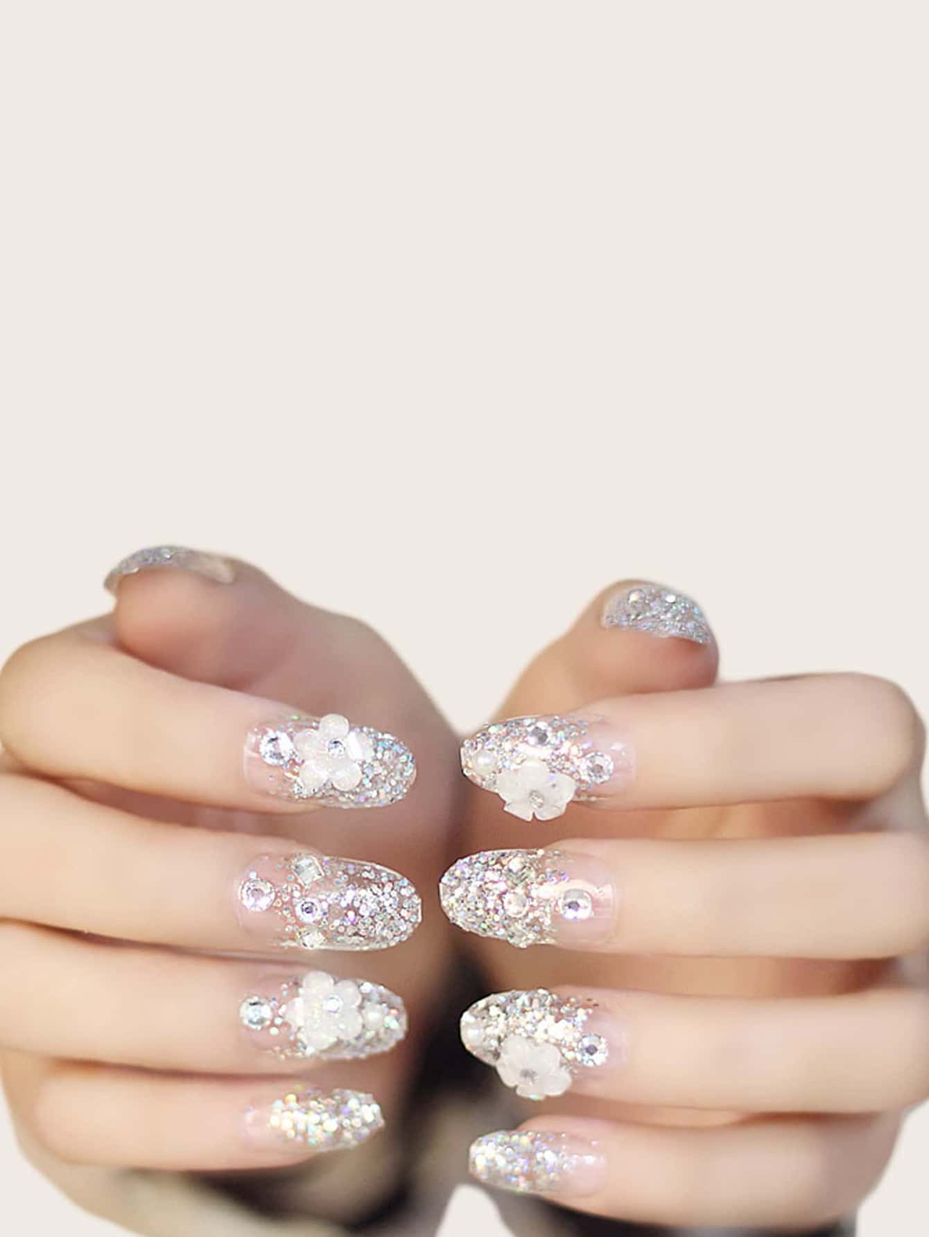 Nail Nina Get Glamorous with 24pcs Long Oval Silver Glitter Powder Rhinestone 3D Flower Fake Nail & 1pc Nail File & 1sheet Tape - Clear - View 1