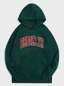 男士字母圖案保暖抽繩連帽衫 - 墨綠色 - 查看 1