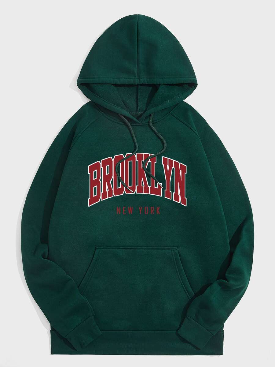 男士字母圖案保暖抽繩連帽衫 - 墨綠色 - 查看 1