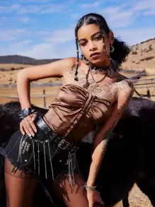 ROMWE Goth Solid Satin Hook And Eye Crop Tube Top - Coffee Brown - View 1