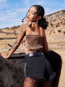 ROMWE Goth Solid Satin Hook And Eye Crop Tube Top - Coffee Brown - View 2