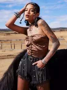 ROMWE Goth Solid Satin Hook And Eye Crop Tube Top - Coffee Brown - View 3