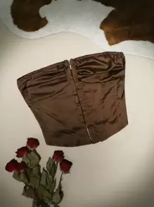 ROMWE Goth Solid Satin Hook And Eye Crop Tube Top - Coffee Brown - View 4