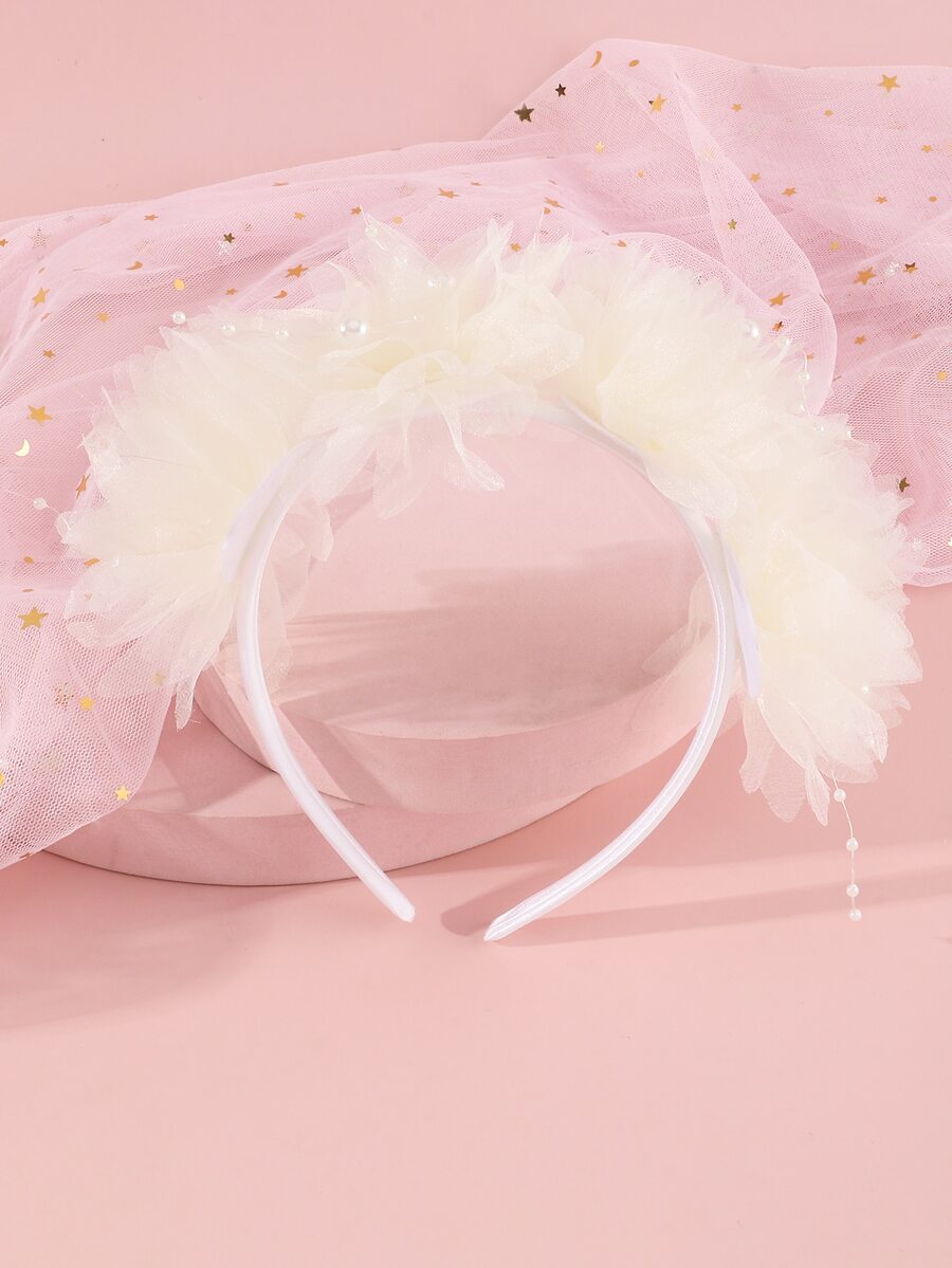 小女童人造珍珠裝飾頭紗髮箍 - 米色 - 查看 1