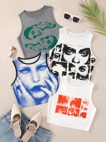 SHEIN Unity 4pcs Figure Graphic Tank Top - Multicolor - View 1