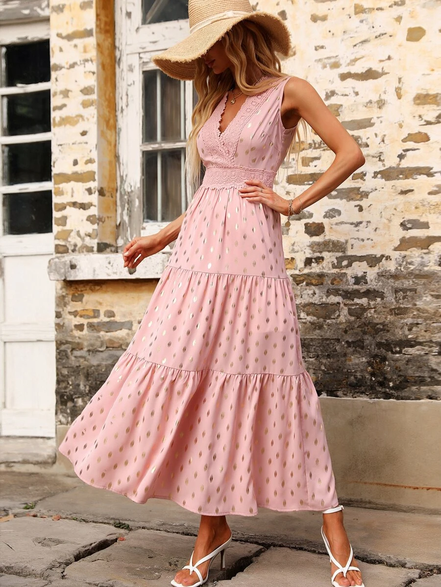 SHEIN Unity Polka Dot Contrast Guipure Lace Ruffle Hem Dress - Baby Pink - View 1