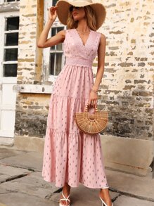 SHEIN Unity Polka Dot Contrast Guipure Lace Ruffle Hem Dress - Baby Pink - View 4