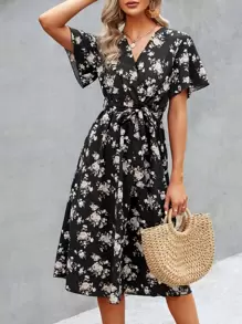 Đầm Thắt lưng Trọn gói Hoa Tất cả trên in Boho - màu đen - Xem 1