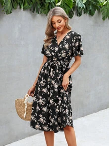 Đầm Thắt lưng Trọn gói Hoa Tất cả trên in Boho - màu đen - Xem 3