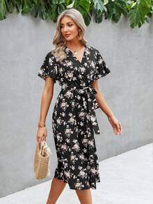 Đầm Thắt lưng Trọn gói Hoa Tất cả trên in Boho - màu đen - Xem 4