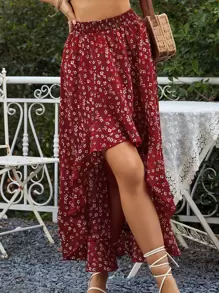 Breezaya Ditsy Floral Print Ruffle Trim Asymmetrical Skirt Fall Cloth For Women - Burgundy - View 4