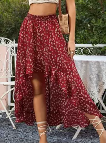 Breezaya Ditsy Floral Print Ruffle Trim Asymmetrical Skirt Fall Cloth For Women - Burgundy - View 6