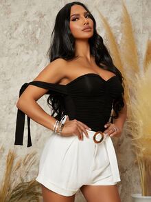 SHEIN SXY Quần đùi nữ Thắt lưng Dây kéo Uốn nếp màu trơn Giải trí - trắng - Xem 3