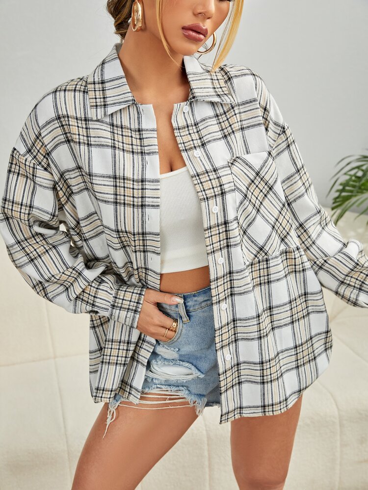 SHEIN EZwear 格子呢圖案落肩袖襯衫 - 彩色 - 查看 1