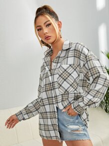 SHEIN EZwear Áo sơ mi In Tartan Thả vai - Nhiều màu - Xem 5