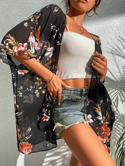 SHEIN Swim Floral Chiffon Kimono,Summer Beach