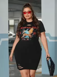 SHEIN Coolane Plus Eagle & Letter Graphic Cut Out Bodycon Dress - Black - View 1