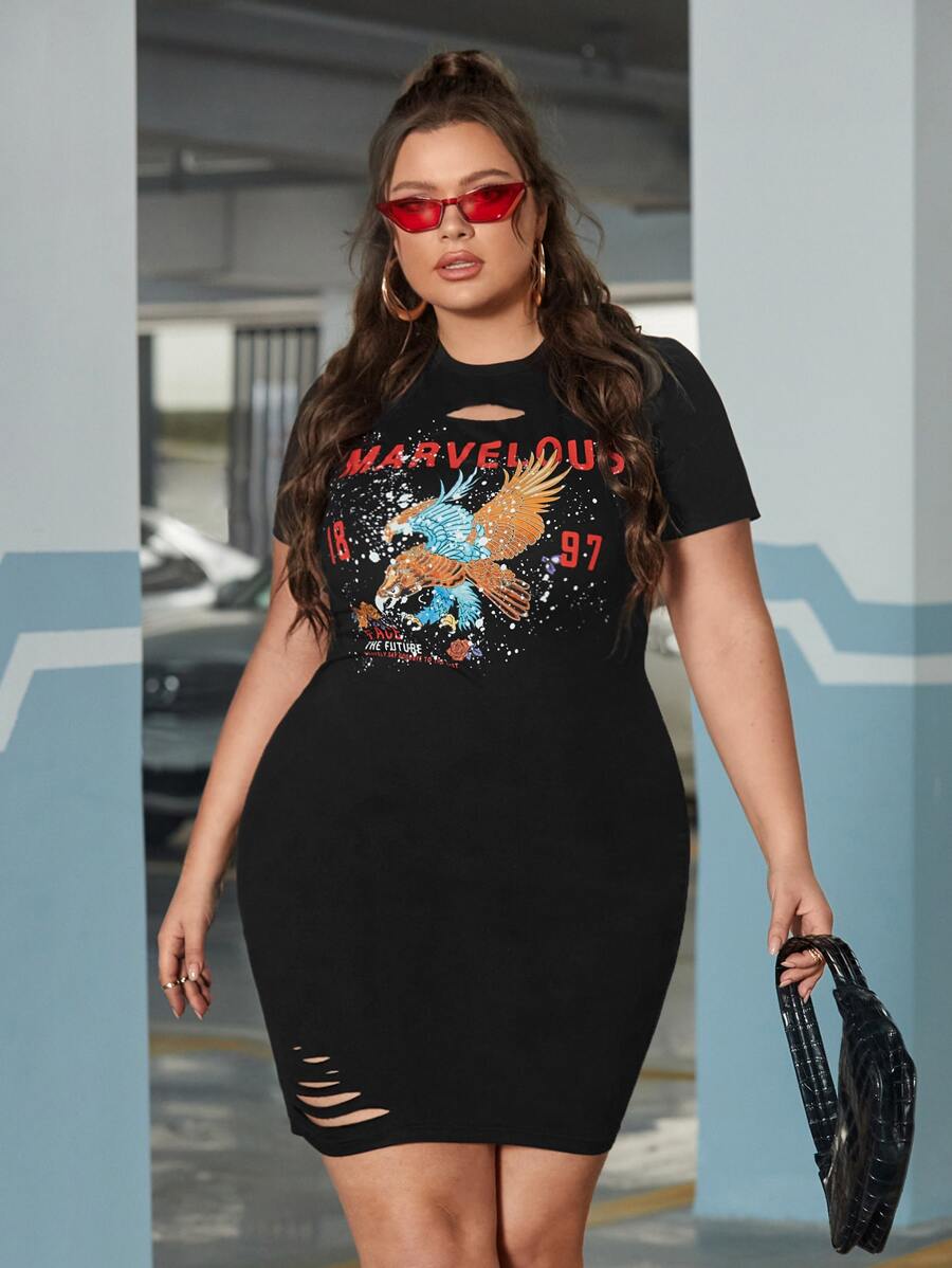 SHEIN Coolane Plus Eagle & Letter Graphic Cut Out Bodycon Dress - Black - View 1