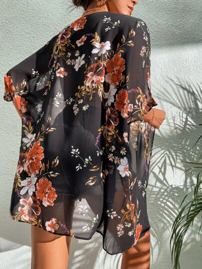 SHEIN Swim Floral Chiffon Kimono,Summer Beach