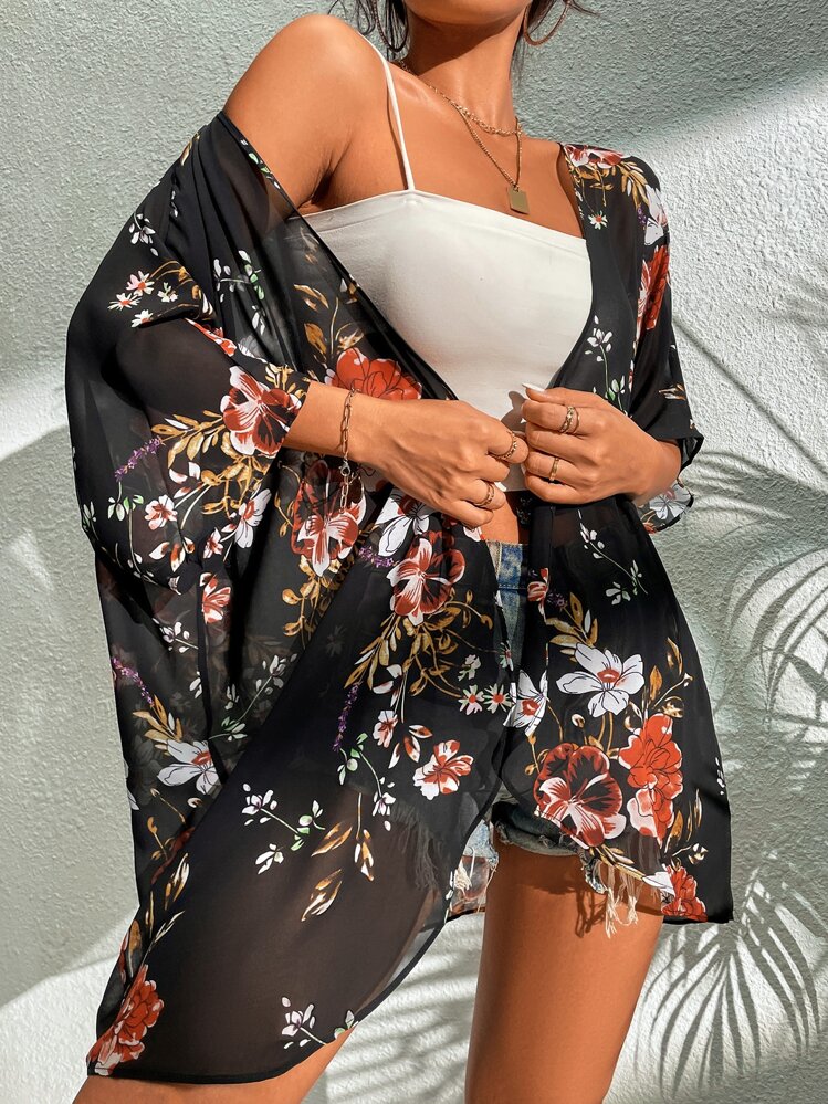 SHEIN Swim Floral Chiffon Kimono,Summer Beach - Black - View 3