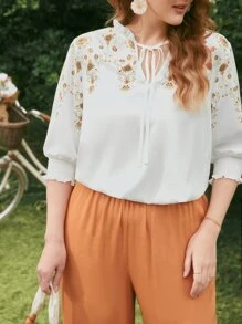 Áo sơ mi Plus Size viền lá sen Dải chun Hoa Boho - trắng - Xem 3