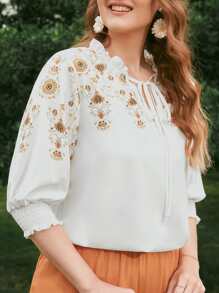 Áo sơ mi Plus Size viền lá sen Dải chun Hoa Boho - trắng - Xem 4