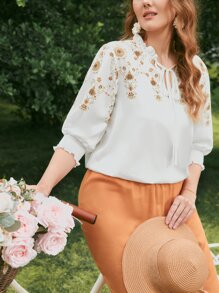 Áo sơ mi Plus Size viền lá sen Dải chun Hoa Boho - trắng - Xem 5
