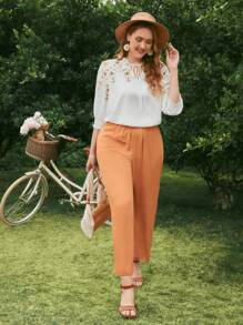 Áo sơ mi Plus Size viền lá sen Dải chun Hoa Boho - trắng - Xem 6