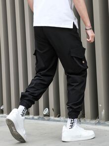 Manfinity 男士翻蓋口袋腰部抽繩工裝褲 - 黑色 - 查看 2