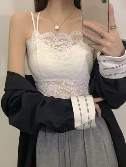 Atasan Camisole Renda Fashion Wanita Kasual Putih Musim Panas, Estetik
