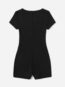 SHEIN Essnce Jumpsuit Ukuran Plus Rib-Knit Plain Casual - Hitam - View 2