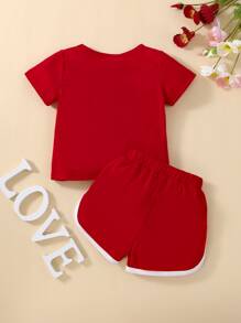 嬰兒愛心和標語圖案T恤和標語圖案短褲 - 紅色 - 查看 2