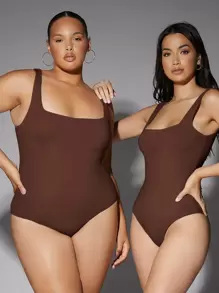 Silquee 1pc Square Neck Solid Bodysuit - Coffee Brown - View 3