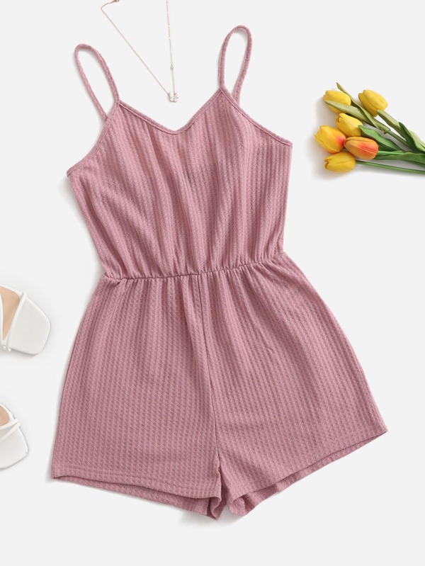 SHEIN EZwear Mono Corto Tipo Camisola De Punto Tipo Gofre, Color Rosa Liso, Informal Y Suelto De Verano