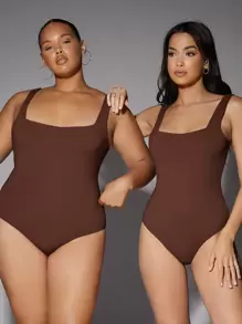 Silquee 1pc Square Neck Solid Bodysuit - Coffee Brown - View 5