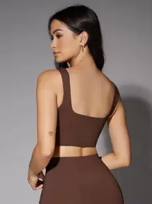 Silquee Áo hai dây Lộ Lưng màu trơn Thể thao - Màu nâu Sô-cô-la - Xem 2